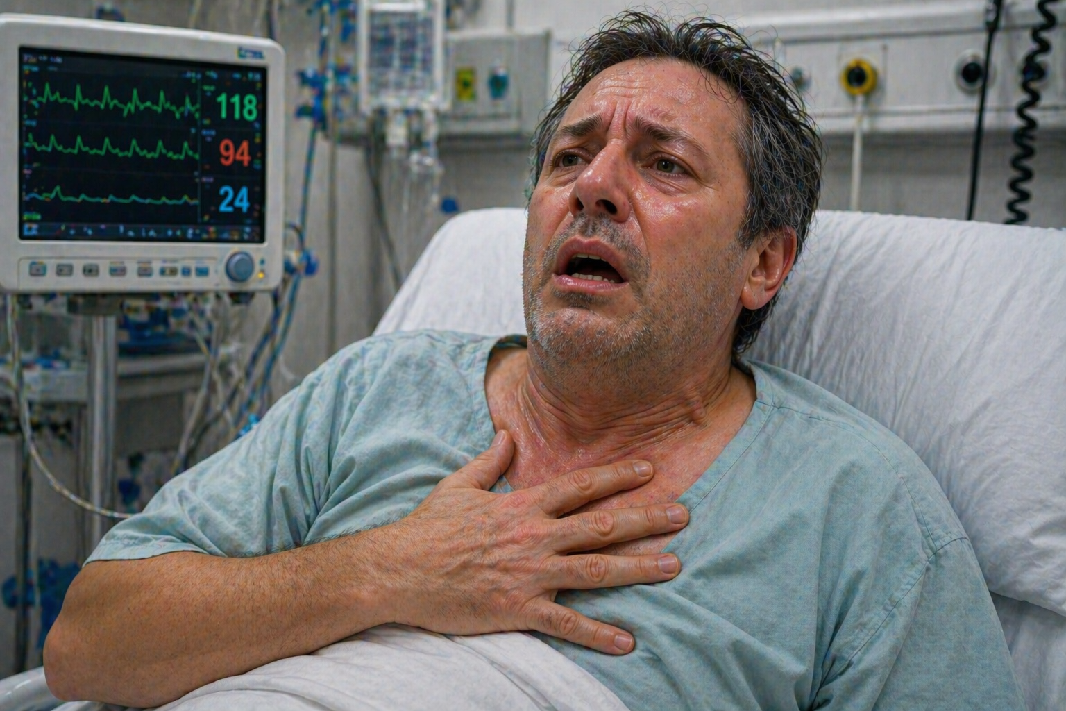 simptome edem pulmonar acut pacient cu dificultate severa de respiratie senzatie de sufocare anxietate si tahipnee imagine medicala realista stil clinic curat