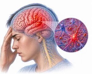 Ilustratie medicala stil Mayo encefalita cu inflamatie cerebrala evidentiata si afectare neuronala fara text