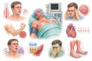 Ilustratie medicala reprezentativa pentru simptomele hipertermiei maligne, stil educational tip Mayo Clinic