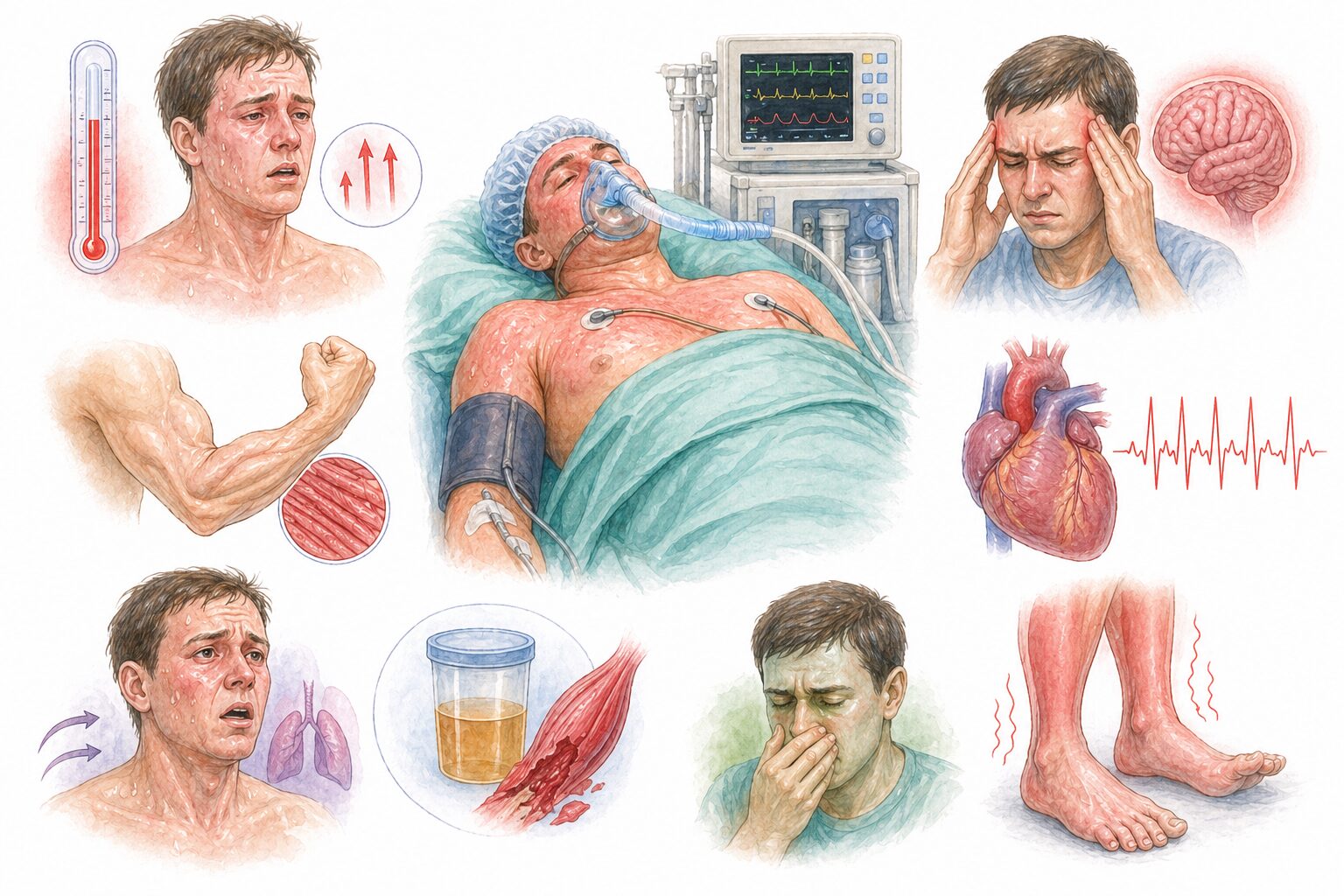 Ilustratie medicala reprezentativa pentru simptomele hipertermiei maligne, stil educational tip Mayo Clinic