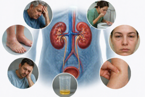 Ilustratie medicala insuficienta renala acuta cu rinichi si semne clinice precum edeme si scaderea urinarii fara text