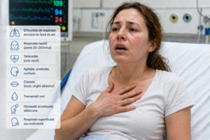 simptome insuficienta respiratorie acuta pacient cu dificultate severa de respiratie senzatie de sufocare respiratie rapida si anxietate imagine medicala realista stil clinic curat