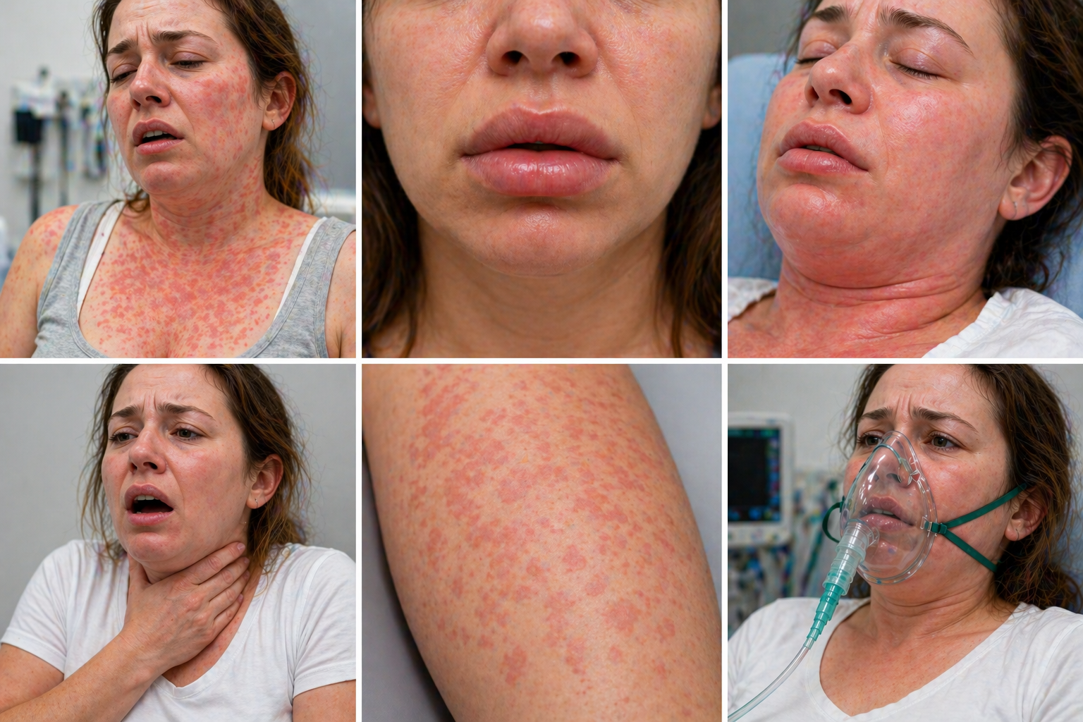 simptome reactie alergica severa pacient cu eruptii cutanate extinse edem facial dificultate respiratorie si senzatie de sufocare imagine medicala realista stil clinic curat