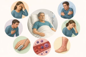simptome sepsis ilustratie medicala pacient spital febra frisoane confuzie respiratie dificila eruptii cutanate tensiune scazuta monitorizare clinica
