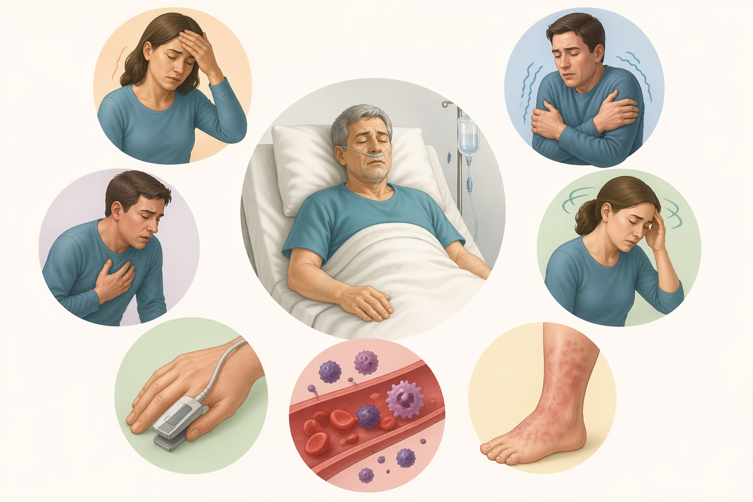 simptome sepsis ilustratie medicala pacient spital febra frisoane confuzie respiratie dificila eruptii cutanate tensiune scazuta monitorizare clinica