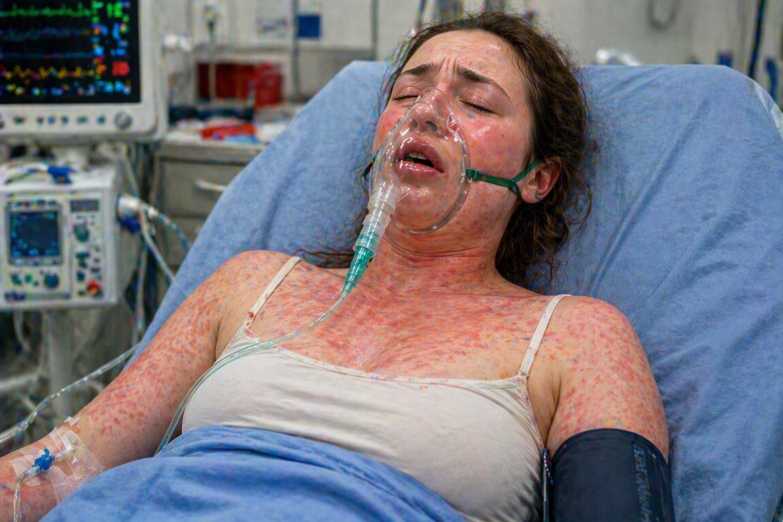 simptome soc anafilactic pacient cu eruptii cutanate extinse edem facial dificultate respiratorie masca de oxigen monitorizare medicala imagine realista