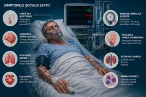 simptome soc septic pacient in terapie intensiva tensiune scazuta respiratie accelerata confuzie piele rece si umeda monitorizare functii vitale imagine medicala realista