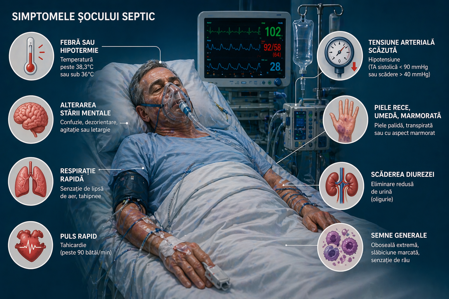 simptome soc septic pacient in terapie intensiva tensiune scazuta respiratie accelerata confuzie piele rece si umeda monitorizare functii vitale imagine medicala realista