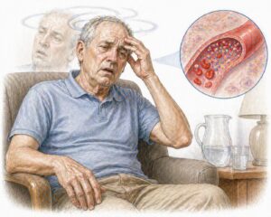 Ilustratie medicala stil Mayo sindrom hiperosmolar cu pacient deshidratat sever si stare de confuzie fara text pe imagine