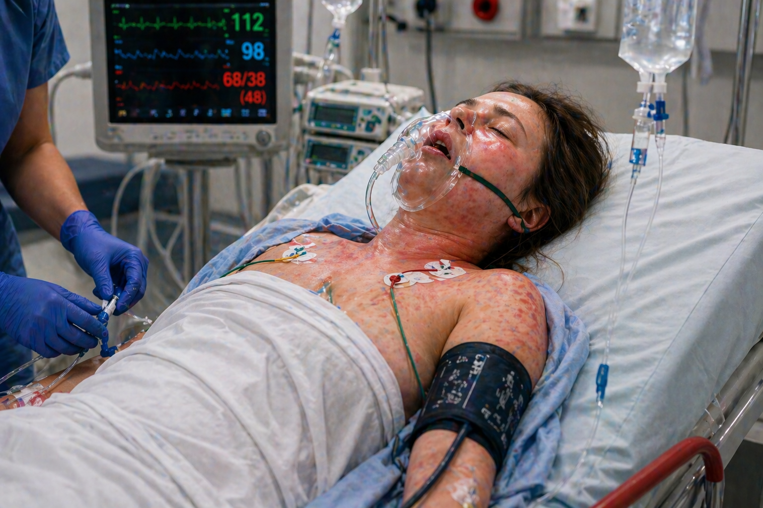soc anafilactic pacient cu reactie alergica severa eruptii cutanate dificultate respiratorie monitorizare medicala si perfuzii in spital imagine realista