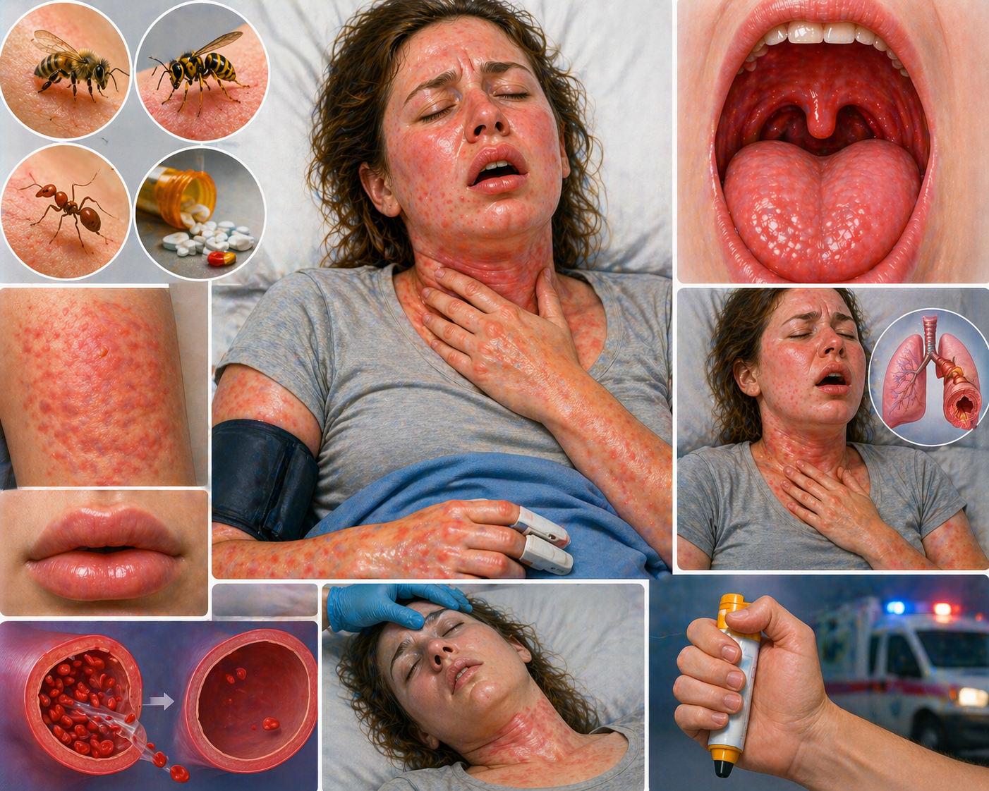 Ilustratie medicala soc anafilactic cu reactie alergica severa umflare gat eruptii cutanate si dificultate respiratorie