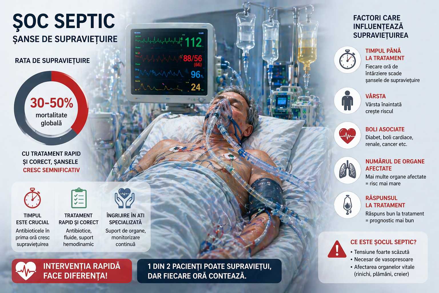 soc septic pacient critic intubat in terapie intensiva ventilatie mecanica perfuzii si monitorizare continua functii vitale imagine medicala realista