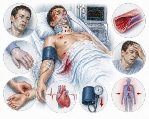 Ilustratie medicala stil Mayo soc traumatic cu pacient critic monitorizat si semne de instabilitate circulatorie fara text