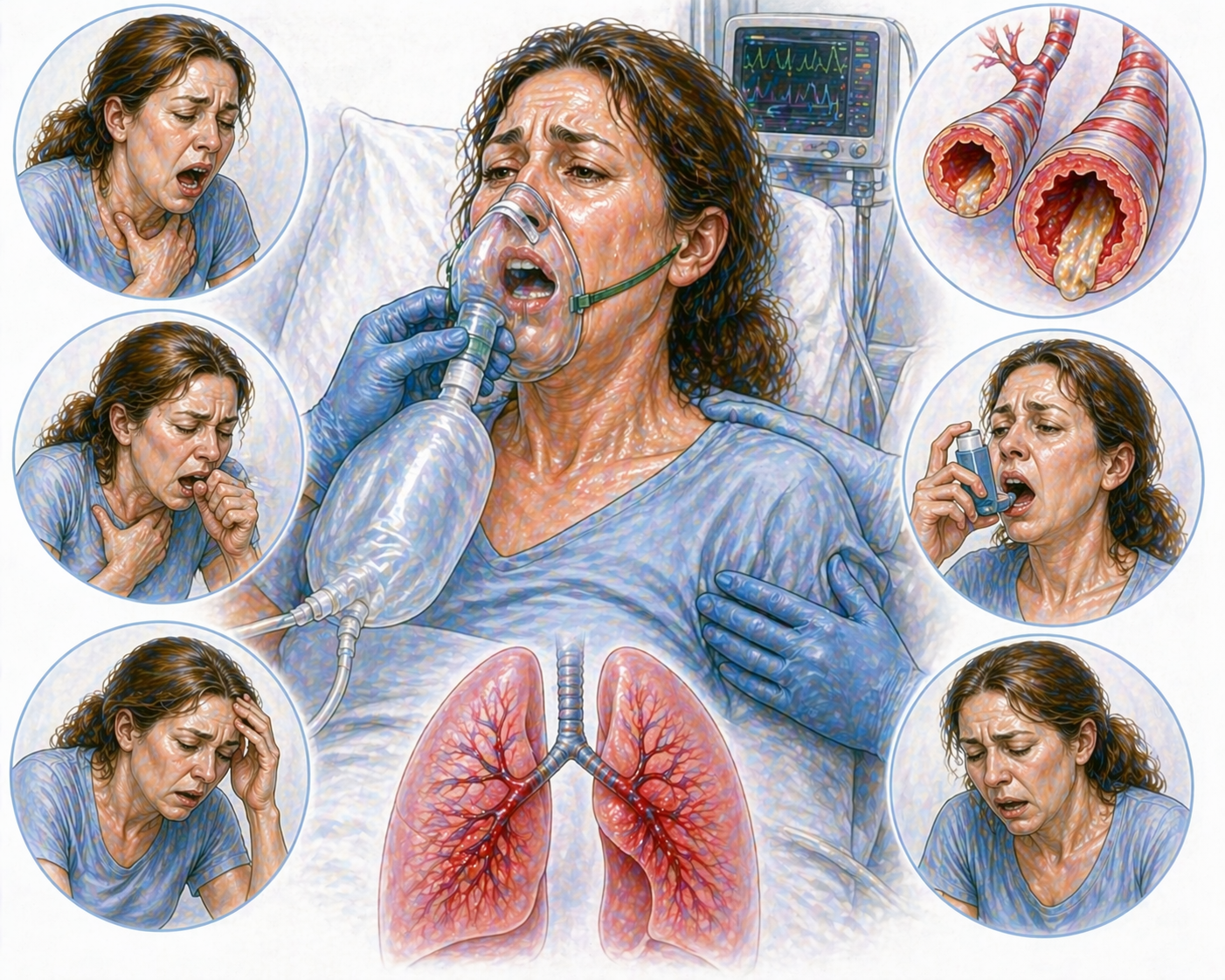 Ilustratie medicala stil Mayo status asthmaticus cu obstructie severa a cailor respiratorii si insuficienta respiratorie fara text