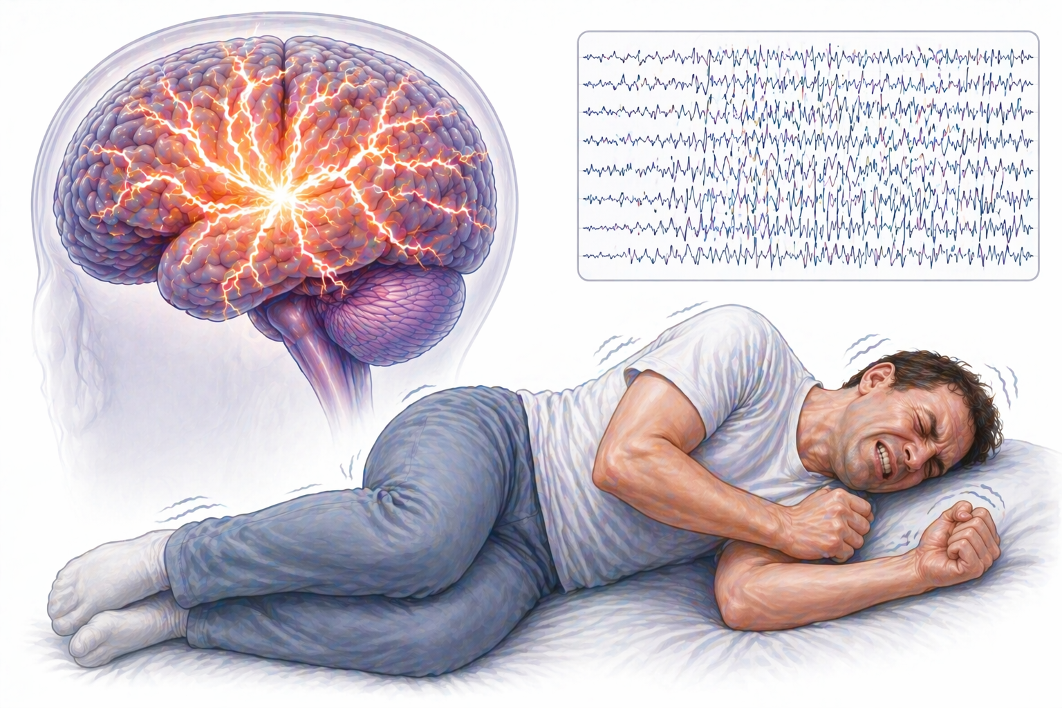 Ilustratie medicala status epilepticus cu pacient in criza convulsiva prelungita si activitate cerebrala intensa fara text