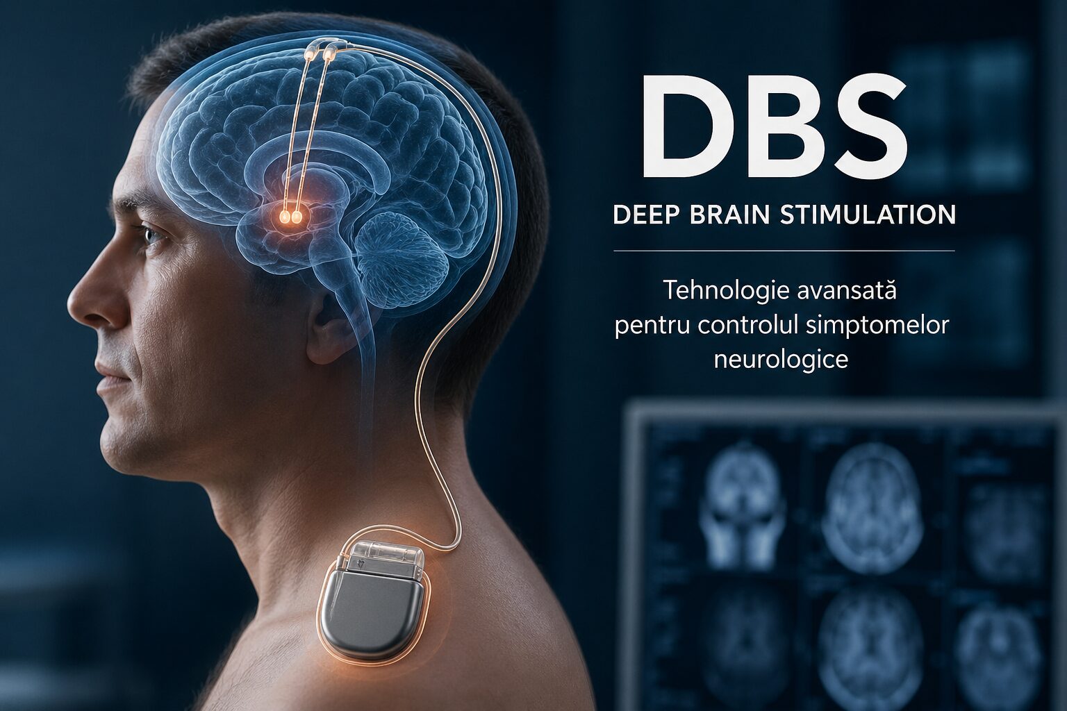 ilustratie medicala stimulare cerebrala profunda dbs cu electrozi implantati in creier si dispozitiv subcutanat pentru tratament neurologic