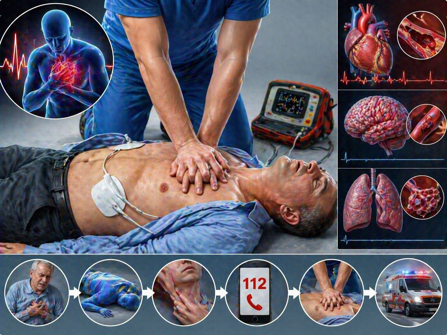 Ilustratie medicala stop cardio respirator cu pacient inconstient si resuscitare prin compresii toracice fara text
