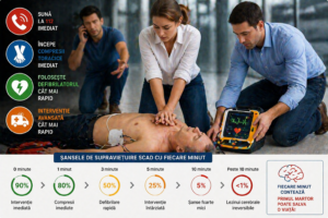 Ilustratie medicala stop cardio respirator cu resuscitare si defibrilator evidentiind importanta interventiei rapide pentru supravietuire fara text