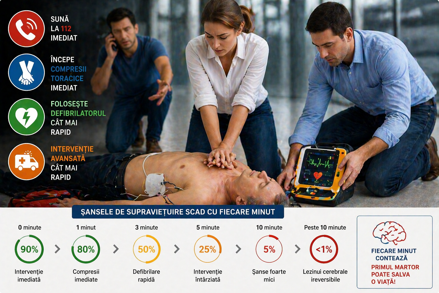 Ilustratie medicala stop cardio respirator cu resuscitare si defibrilator evidentiind importanta interventiei rapide pentru supravietuire fara text