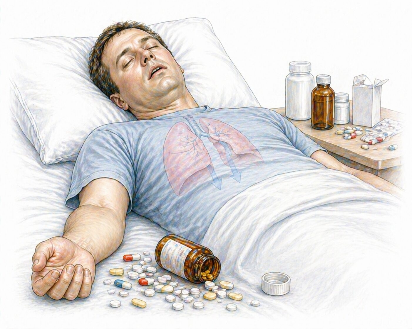 Ilustratie medicala stil Mayo supradoza medicamente cu pacient cu stare de constienta alterata si respiratie deprimata fara text