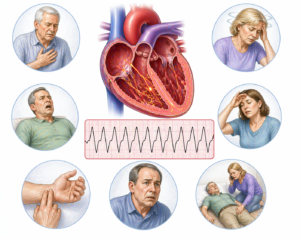 Ilustratie medicala stil Mayo simptome criza hipertensiva cu cefalee severa vedere incetosata ameteli durere toracica si risc neurologic fara text