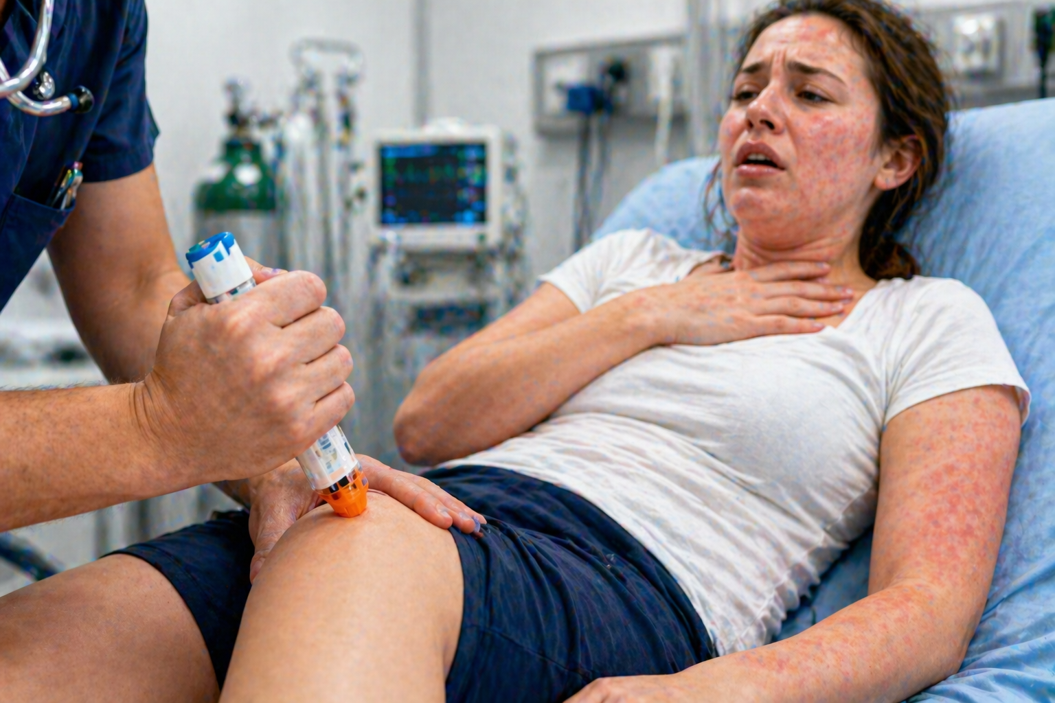 tratament anafilaxie administrare epipen injectie adrenalina in coapsa pacient cu reactie alergica severa dificultate respiratorie imagine medicala realista stil clinic curat