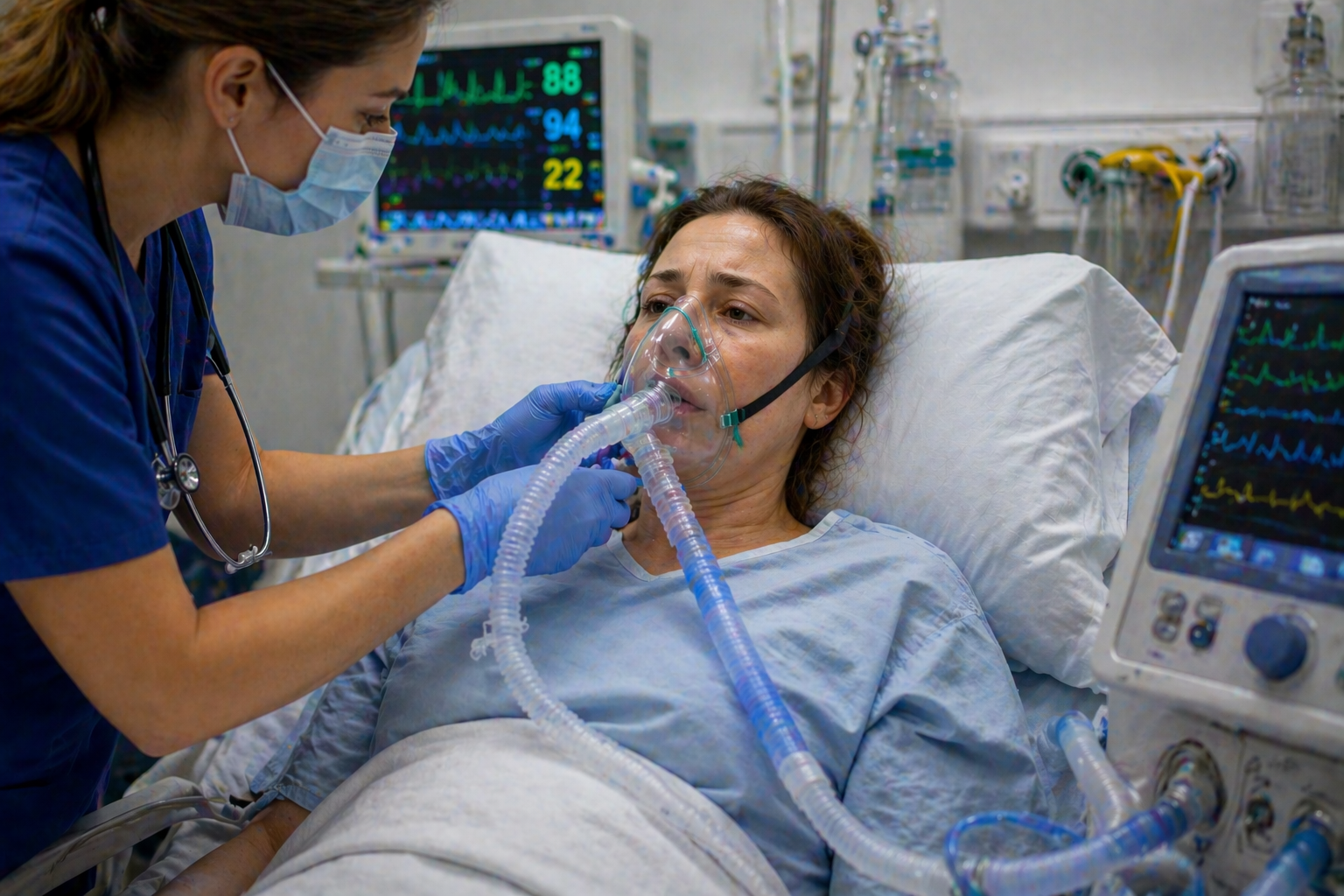 tratament insuficienta respiratorie pacient cu masca de oxigen ventilatie asistata monitorizare functii vitale ingrijire medicala imagine realista stil clinic curat