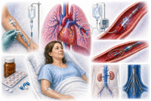 Ilustratie medicala stil Mayo tratament tromboembolism pulmonar cu anticoagulare tromboliza si proceduri interventionale fara text