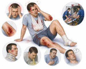 Ilustratie medicala stil Mayo simptome traumatism sever cu confuzie durere intensa leziuni multiple si stare de urgenta fara text