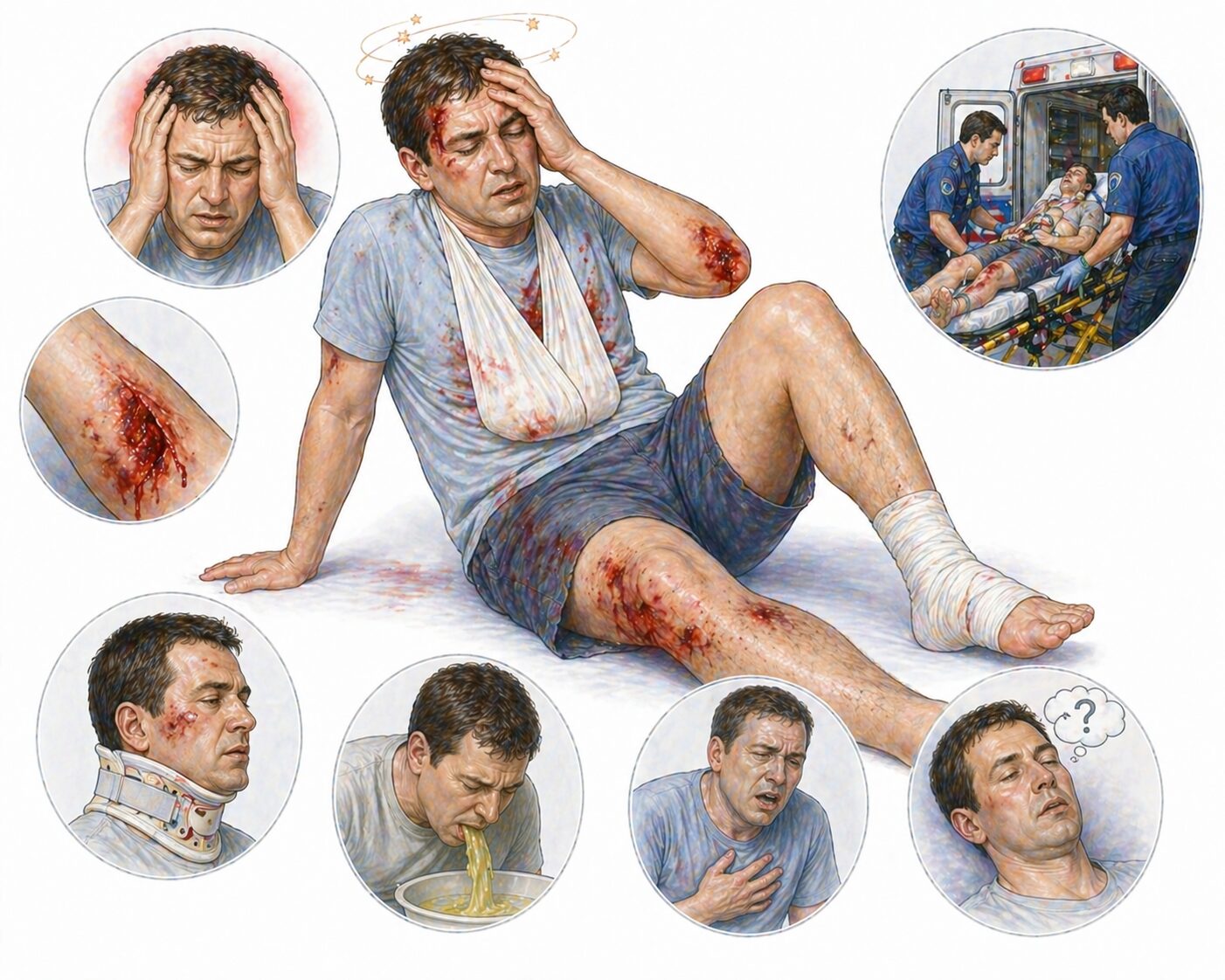 Ilustratie medicala stil Mayo simptome traumatism sever cu confuzie durere intensa leziuni multiple si stare de urgenta fara text