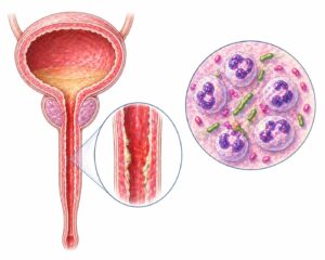 Ilustratie medicala reprezentativa pentru uretrita, uretra inflamata cu infectie bacteriana si detalii anatomice, stil desen manual realist, culori pastelate, fundal alb