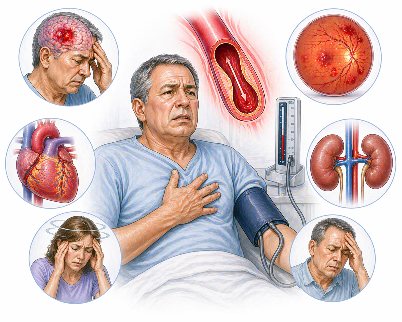 Ilustratie medicala stil Mayo urgenta hipertensiva cu tensiune arteriala extrem de crescuta si afectare de organe tinta precum creier inima ochi si rinichi fara text