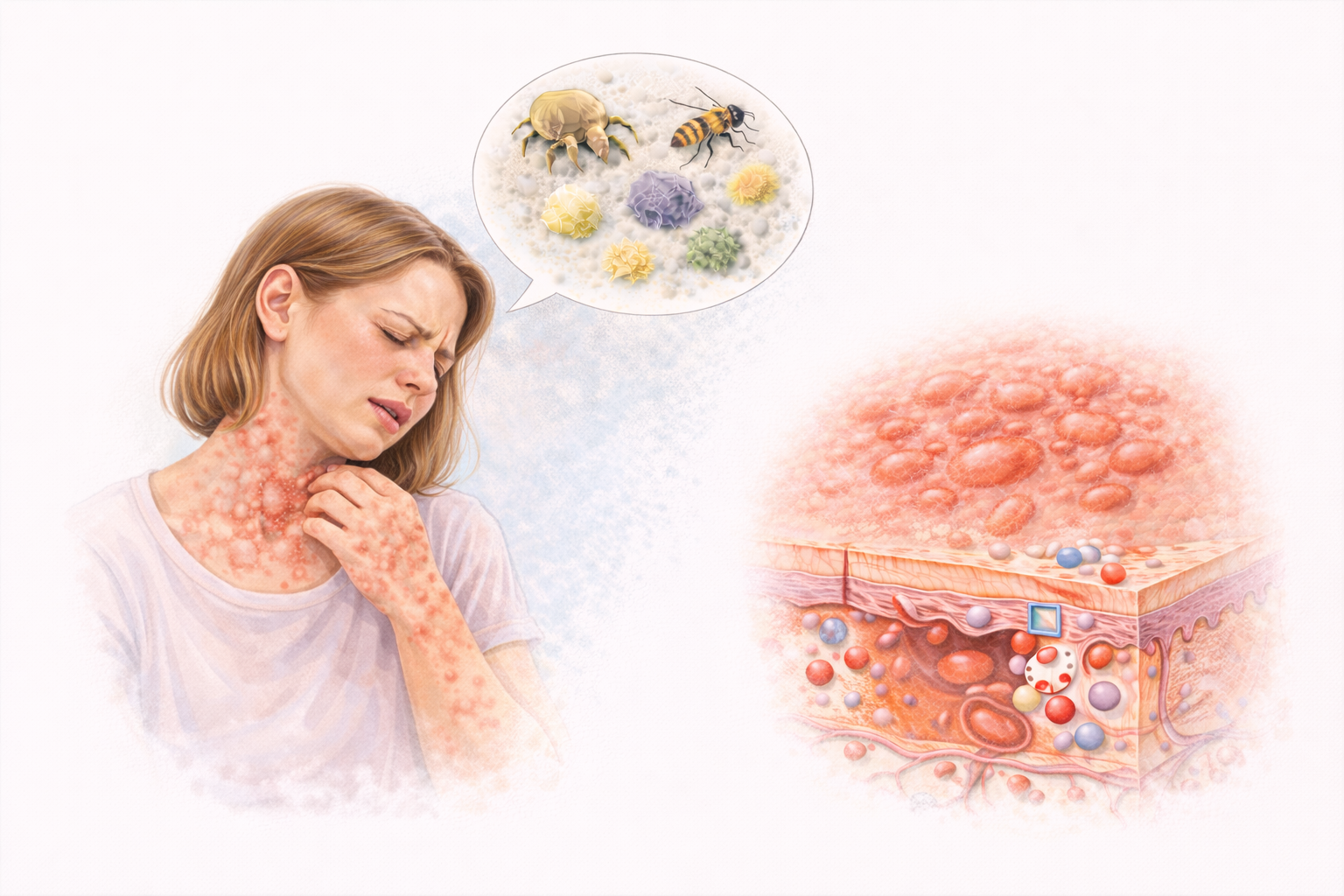 Ilustratie medicala urticarie acuta cu eruptie cutanata brusca si reactie alergica intensa la nivelul pielii