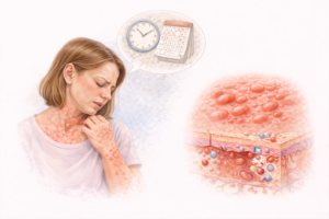 Ilustratie medicala urticarie cronica cu eruptii cutanate persistente si reactie inflamatorie prelungita a pielii