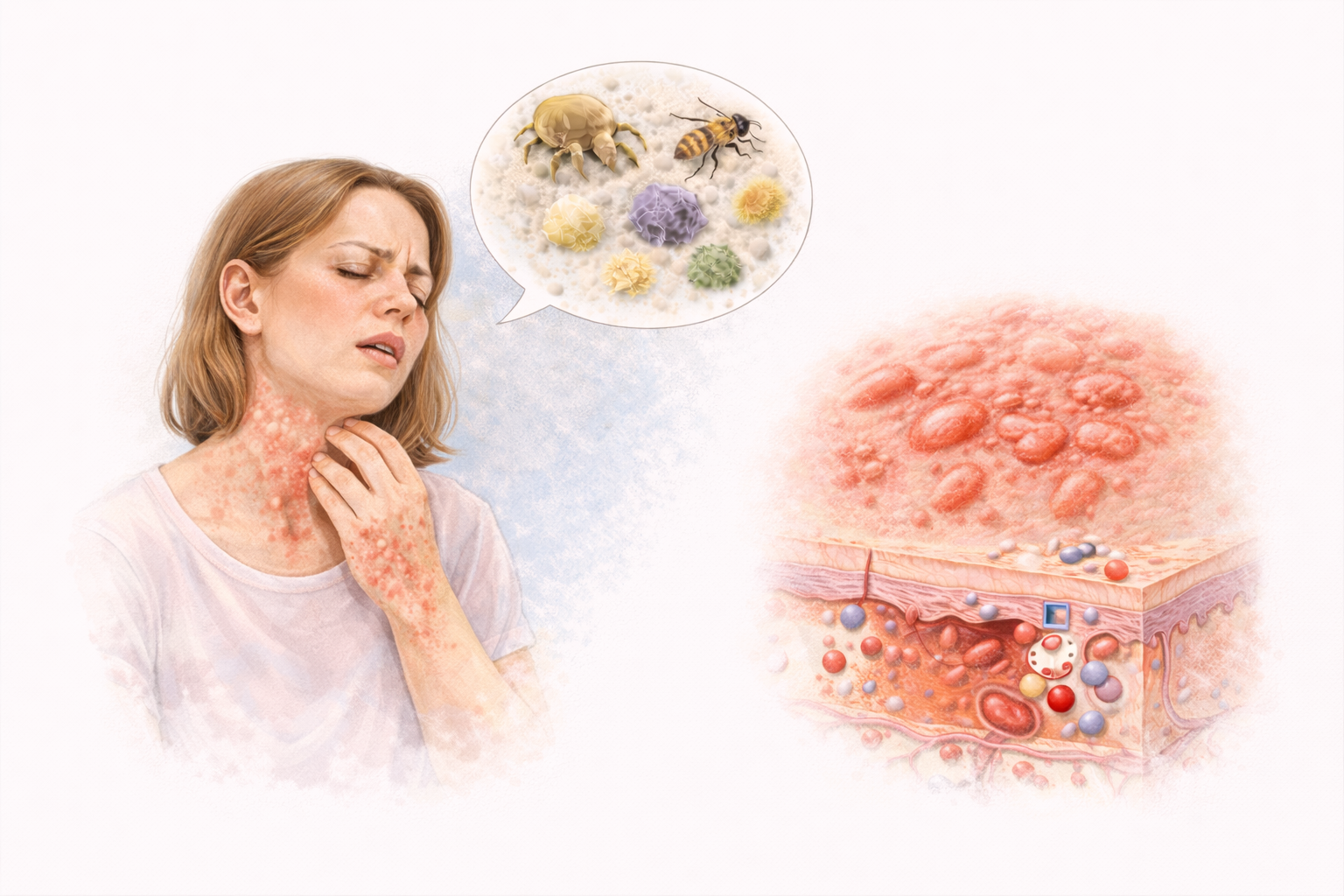 Ilustratie medicala urticarie cu papule si placi eritematoase insotite de reactie alergica cutanata