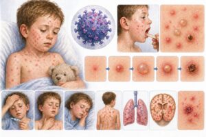 Ilustratie medicala reprezentativa pentru varicela, copil cu eruptie veziculara generalizata, stil educational tip Mayo Clinic