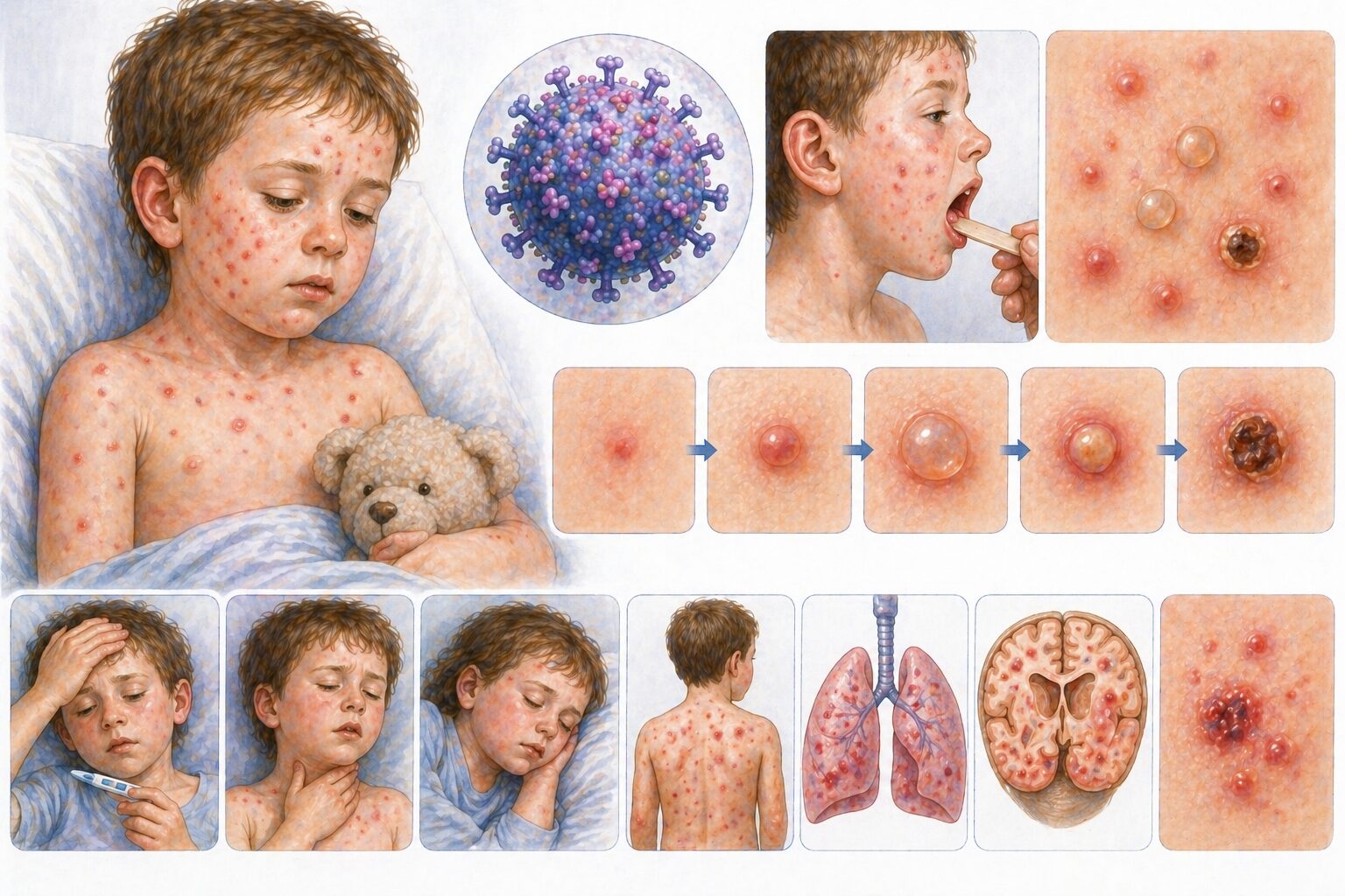 Ilustratie medicala reprezentativa pentru varicela, copil cu eruptie veziculara generalizata, stil educational tip Mayo Clinic