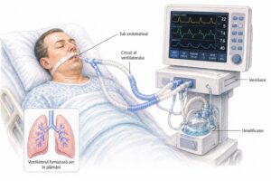 Ilustratie medicala reprezentativa pentru ventilatie mecanica, pacient conectat la ventilator, stil educational tip Mayo Clinic