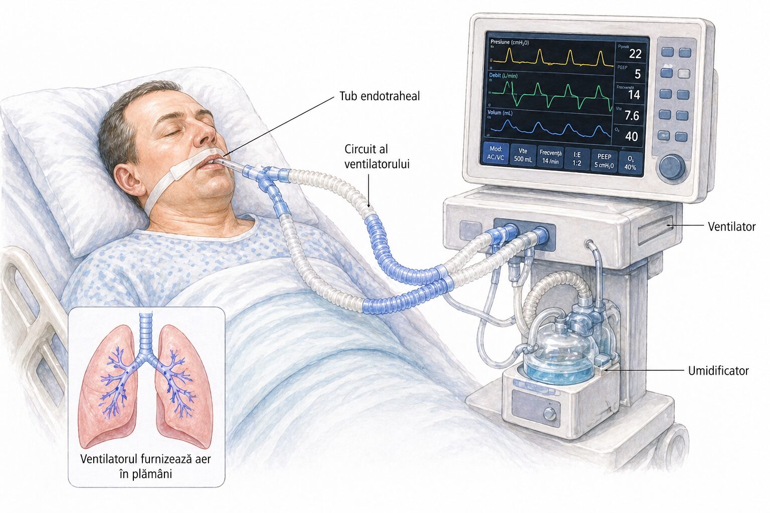 Ilustratie medicala reprezentativa pentru ventilatie mecanica, pacient conectat la ventilator, stil educational tip Mayo Clinic