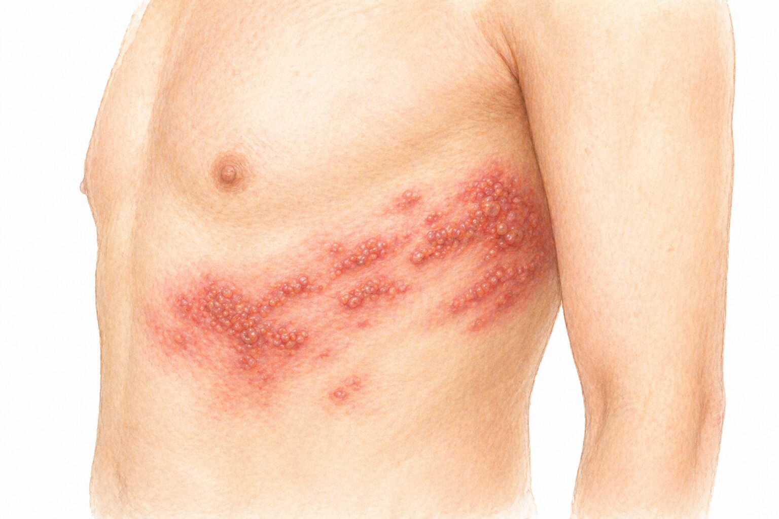 Ilustratie medicala reprezentativa pentru zona zoster, eruptie veziculara dispusa dermatomal pe torace, stil educational